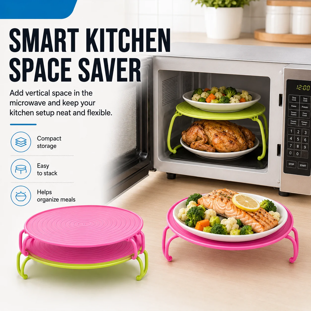 🎁 Buy 2, Get 1 FREE! 🔥 Foldable Microwave Stacking Rack 🍽️ | Save Space & Maximize Storage 🏡✨